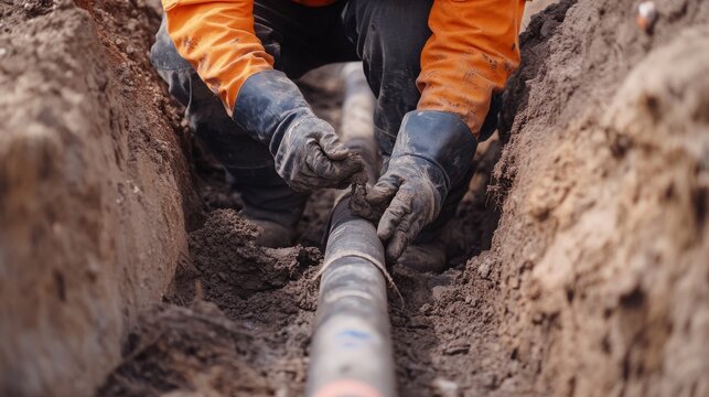 Underground utility worker repairing water pipelines in a trench. Featuring precision and technical expertise