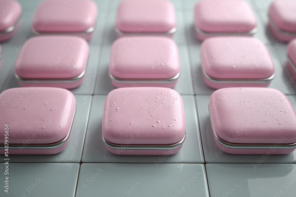 Poster unique pink containers arranged in a neat grid on a white tiled surface showcasing minimalist design
