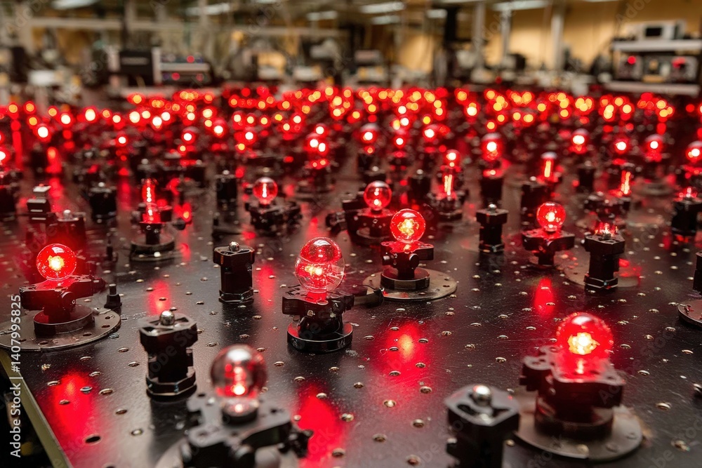 Poster illuminating technology red led array installation in industrial setting detailed focus on lighting 