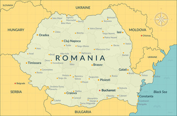 Obraz premium Detailed Romania political map with counties boundaries, major cities and neighboring countries. Romania map administrative divisions for presentations, posters, reports, infographics