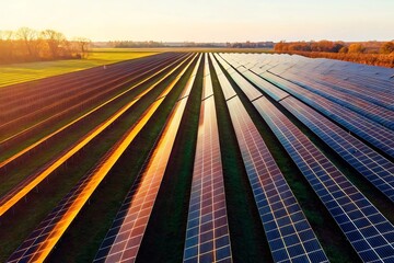 Wide angle view of rows of solar panels in a vast solar farm during sunrise with golden light illuminating the landscape