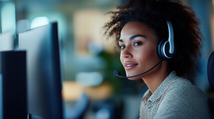 Call center agent attentively assisting a customer via headset. Featuring professionalism and communication