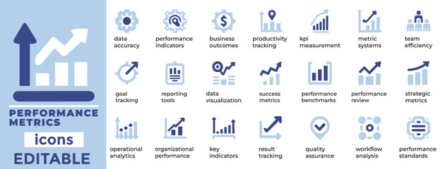 Editable performance metrics vector set with charts, KPIs, analytics and dashboard icons