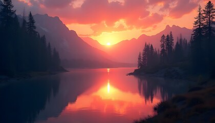 Majestic sunset over a tranquil mountain lake.