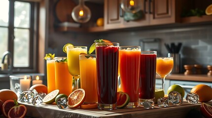 Vibrant Fresh Juices with Fruits and Ice &ndash; Healthy Morning Scene