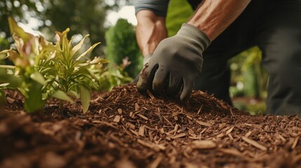 Hispanic landscaper adding mulch to garden beds. Featuring landscaping and garden care