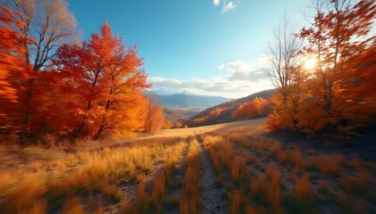 Autumnal mountain vista with vibrant foliage and sunlit path.