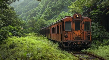 Obraz premium An old orange train sits abandoned on the tracks surrounded by lush green vegetation and forest trees