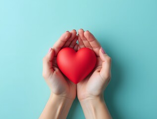 First person top view photo of female hands cradling a red heart on a pastel blue background. There's empty space for text or an ad. It's a concept for World Blood Donor Day