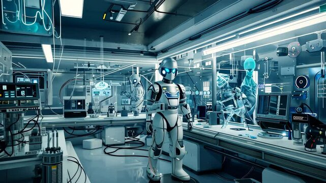 Futuristic lab with advanced robotics, AI interfaces, and scientists working on groundbreaking technology