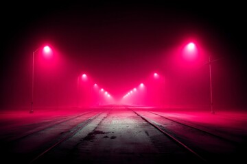Ethereal pink fog envelops abandoned railway with glowing streetlights at night