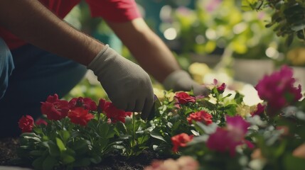 Obraz premium Hispanic landscaper creating a flower bed in a garden. Featuring landscaping and garden design