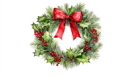 Traditional Christmas Wreath: Red Bow & Berries Featuring Symmetric Evergreen Greenery for Holiday Home Decor