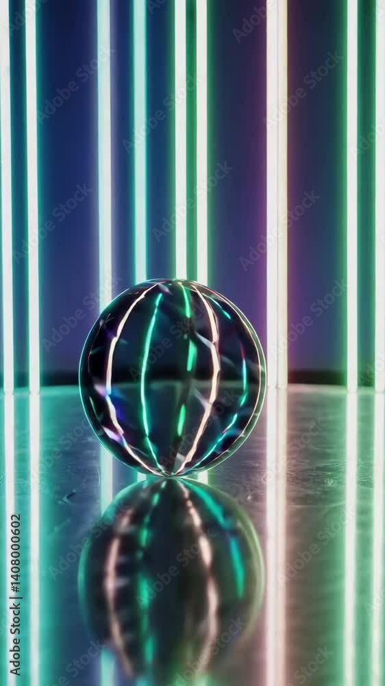 Poster vibrant neon sphere reflecting pulsating light beams in a dynamic scifi sequence