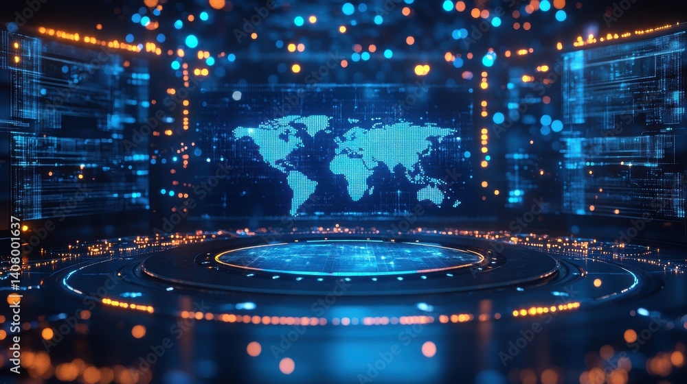 Poster modern 3d render of news studio,digital world map background bright high tech setting broadcasting s