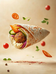 High-resolution food photography of a falafel wrap floating in mid-air, with hummus and pickled veggies floating around