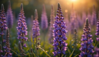 Purple Lupine Flowers Blooming in Field at Sunset or Sunrise