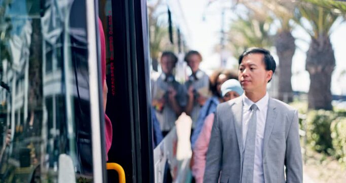 Travel, boarding and group of people on bus for public transportation, metro transit and journey. Passenger, crowd and urban shuttle with commuters in city for destination, vehicle entry and location