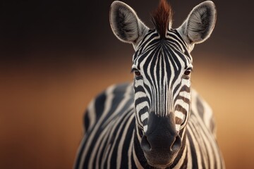 Naklejka premium Close-up of a zebra showcasing its unique striped pattern against a blurred background in the wild during golden hour