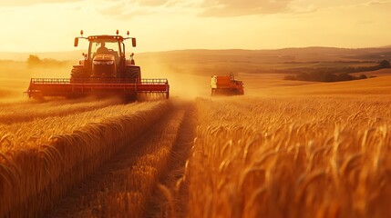Fototapeta premium Tractor Harvesting Wheat at Sunset, A red tractor harvesting wheat in a golden field at sunset, creating a dusty atmosphere