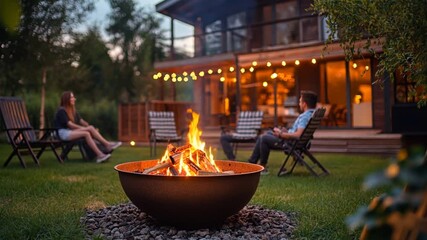 Evening gathering by a cozy backyard fire pit with friends creating an inviting ambiance at dusk