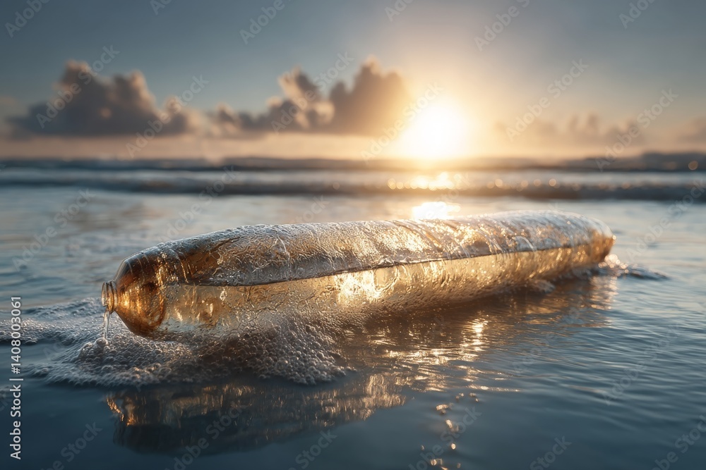 Poster message in a bottle discovered on the beach at sunset with gentle waves and a colorful sky