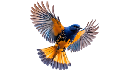 A blue and orange bird is flying in the air. The bird has a blue head and orange wings