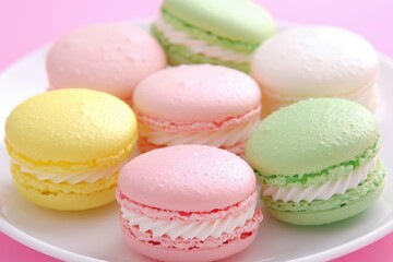 Obraz premium Delicious colorful macarons bakery food photography bright pink background close-up shot sweet treats for dessert lovers