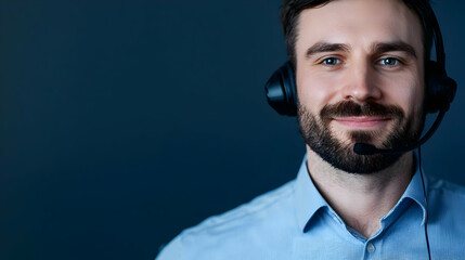 Fototapeta premium Portrait of a Smiling Man with Headset Against Dark Blue Background Providing Customer Service