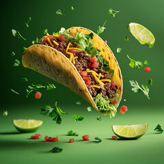 High-resolution food photography of a taco filled with beef, lettuce, cheese, and salsa floating in mid-air, surrounded by cilantro leaves and lime wedges