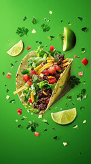 High-resolution food photography of a taco filled with beef, lettuce, cheese, and salsa floating in mid-air, surrounded by cilantro leaves and lime wedges