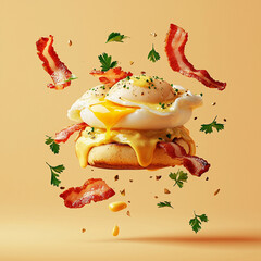 High-resolution food photography of an eggs benedict dish floating in mid-air, with poached eggs, hollandaise sauce, and English muffins surrounded by parsley and bacon slices