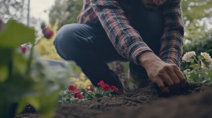 Fototapeta premium Hispanic landscaper installing garden edging around flower beds. Featuring landscaping and garden design