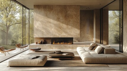 modern interior,sleek marble fireplace,warm beige tones featuring natural textures,minimalist design,photo stock