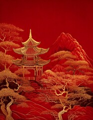 Fototapeta premium A traditional Chinese landscape artwork, featuring a classical pavilion