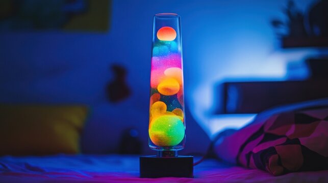 Vibrant lava lamp illuminates a cozy bedroom.