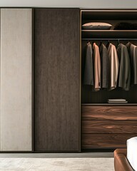 A bedroom with a wooden dresser and a white closet