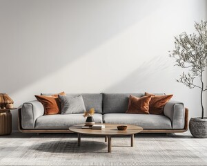 Modern Living Room Interior with Grey Sofa, Decorative Cushions, Round Coffee Table, and Minimalist Decor Elements