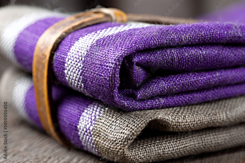 Poster textiles displayed in close-up featuring purple and gray patterns with a rustic leather strap on a w