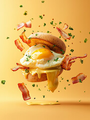 High-resolution food photography of an eggs benedict dish floating in mid-air, with poached eggs, hollandaise sauce, and English muffins surrounded by parsley and bacon slices