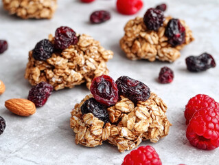 Fototapeta premium Granola clusters with dried berries and almonds on gray surface