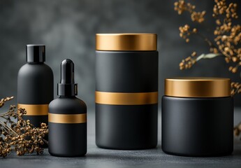 Elegant Black and Gold Cosmetic Packaging on Dark Background with Natural Accents