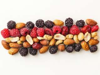 colorful trail mix of dried berries and nuts on white background