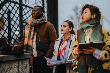 Professionals gathered outdoors on a cold winter day, engaging in an informal discussion and review of documents, showcasing teamwork, diversity, and collaboration.