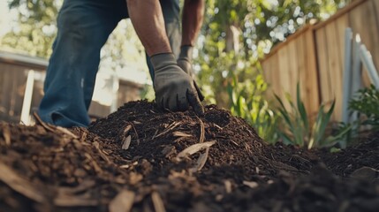 Fototapeta premium Hispanic landscaper laying down mulch around garden beds. Featuring landscaping and garden care