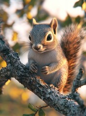 Fototapeta premium Charming Squirrel Posing on Tree Branch in Soft Golden Light of Autumn Sunset