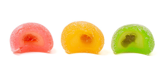 Three Flavoreds of  Sweet Fruit Mochi Isolated on a White Background