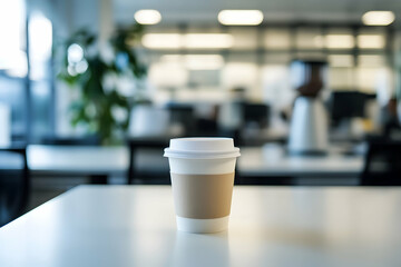 Blurred office interior featuring a disposable coffee cup.