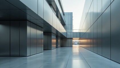 Modern architectural passage with reflective surfaces at twilight  