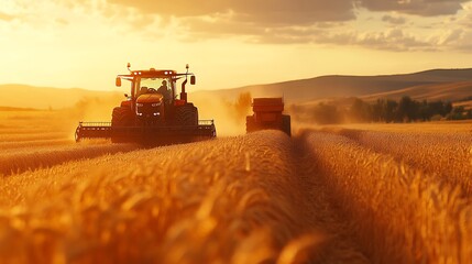 Fototapeta premium Tractor Harvesting Wheat at Sunset, A red tractor harvesting wheat in a golden field at sunset, creating a dusty atmosphere